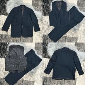 Custom Tailor Mens Dark Navy Pinstripe 3‎ Piece Suit 38X30